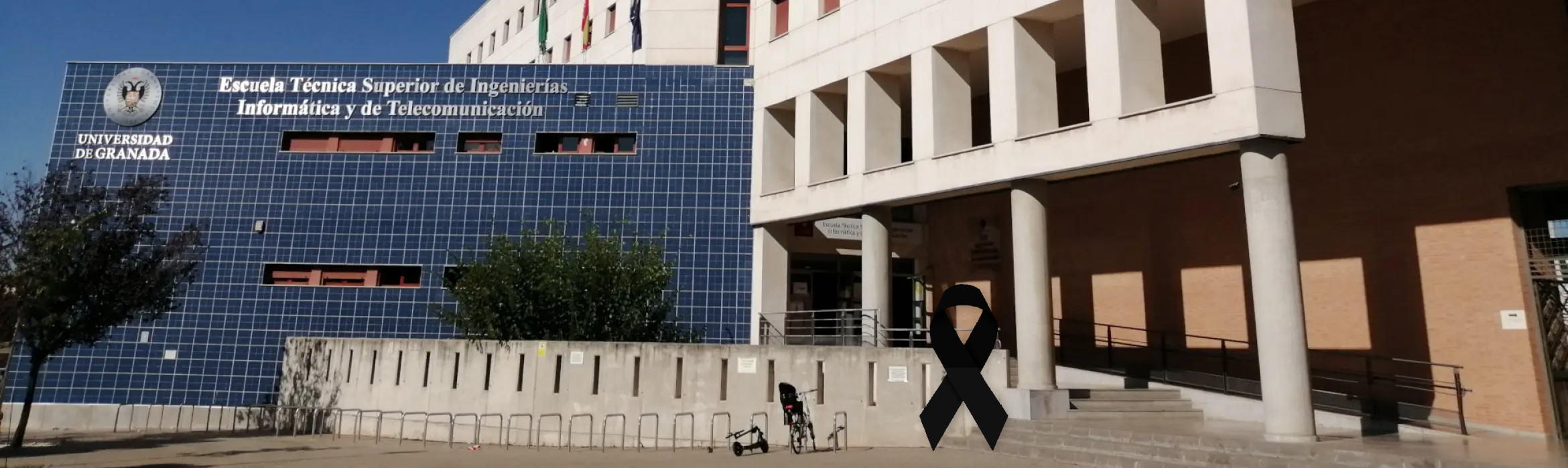 Imagen de la ETSIIT, con bandera de apoyo a los damnificados por la DANA.