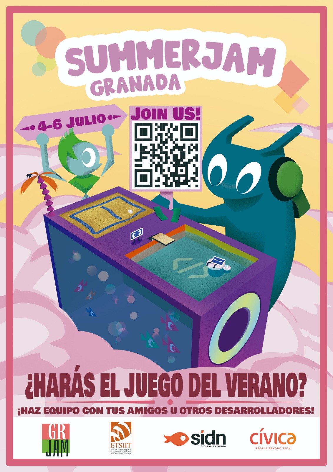 Cartel con QR para inscripción en Summer Jam del 4 al 6 de julio