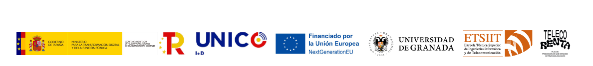 Logotipos Ministerio de transformación digital, Plan de recuperación y resiliencia Unico, Unión Europea, Univ. Granada, ETSIIT, Pln teleco renta
