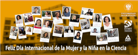 Miniatura del póster de mujeres científicas de la ETSIIT sobre un fondo de la Escuela, para conmemorar el día de la Mujer y la Niña en la Ciencia