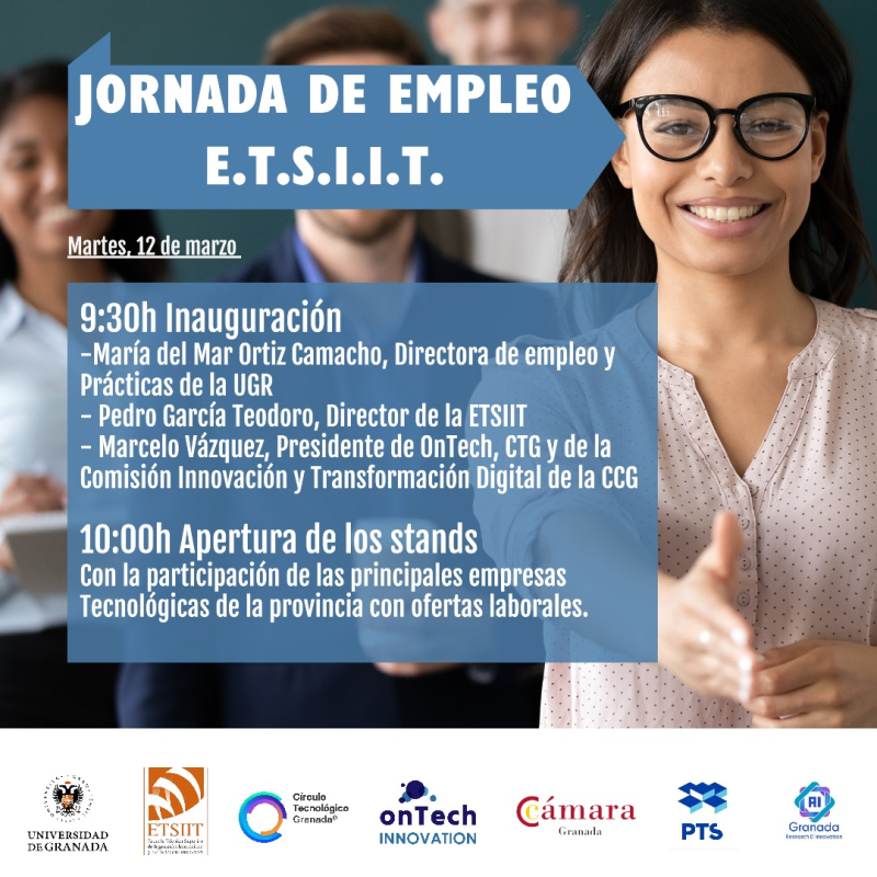 cartel de la jornada de empleo TIC en la ETSIIT con agenda de la jornada