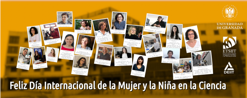 Póster de mujeres científicas de la ETSIIT sobre un fondo de la Escuela, para conmemorar el día de la Mujer y la Niña en la Ciencia