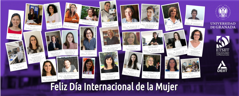 Miniatura del póster de mujeres de la ETSIIT sobre un fondo de la Escuela, para conmemorar el Día Internacional de la Mujer