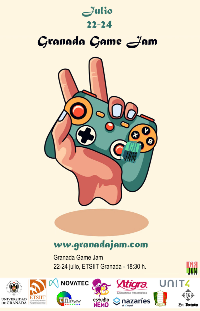 Cartel de Game Jam en ETSIIT, días 22 al 24 de julio. Cartel de Game Jam en ETSIIT. Una mano levanta un mando de juegos.
