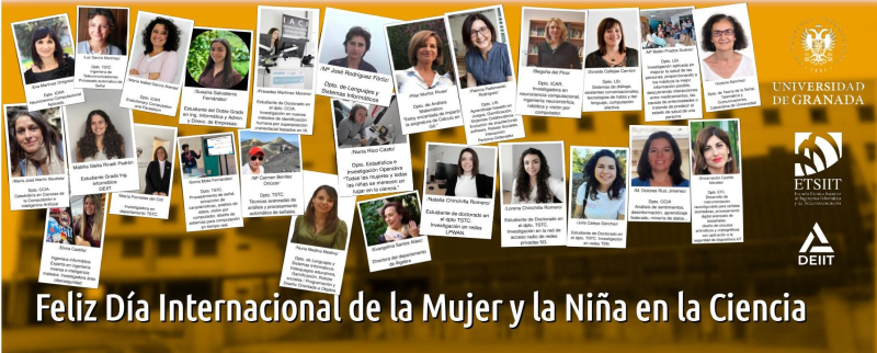 Póster de mujeres científicas de la ETSIIT sobre un fondo de la Escuela, para conmemorar el día de la Mujer y la Niña en la Ciencia